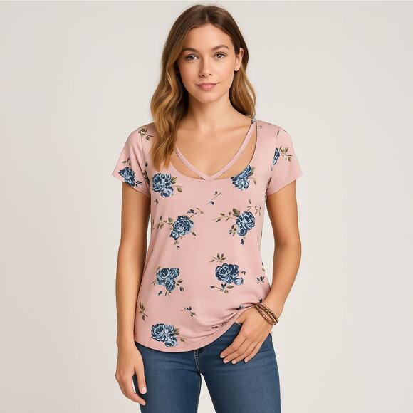Poof! Tops - Poof Pink Floral Short Sleeve Cutout Neck Top Sz Medium
